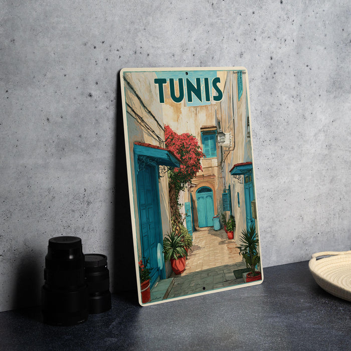 A metal sign with a colorful illustration of a street scene in Tunis, Tunisia, featuring blue doors, windows, and a red flower.