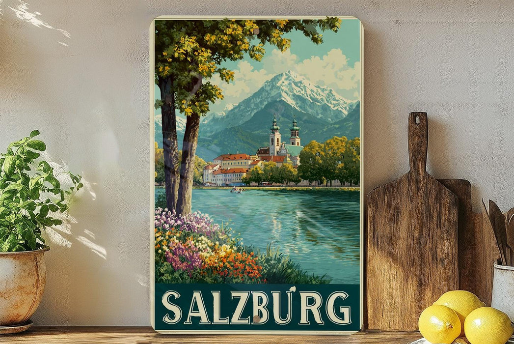 A framed vintage-style poster of Salzburg, Austria, depicting a scenic view of the city with a mountain in the background and a river in the foreground.