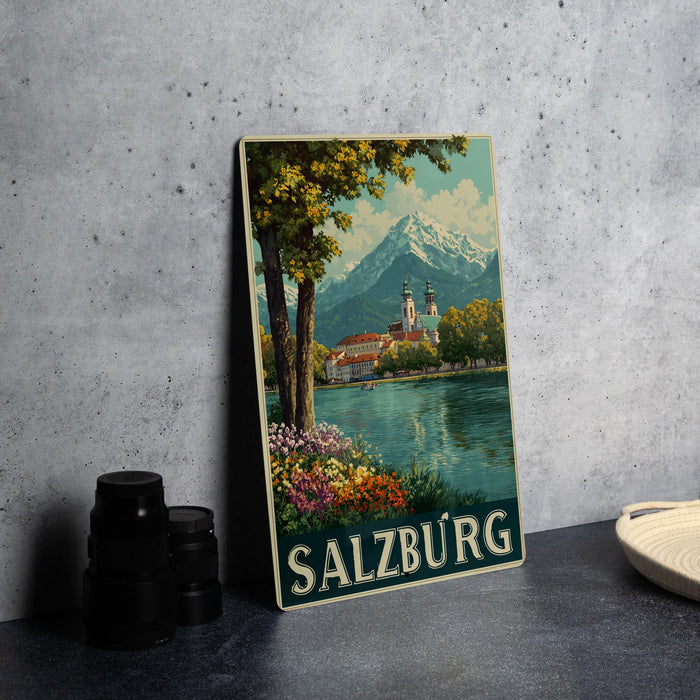 A vintage-style poster of Salzburg, Austria, featuring a scenic landscape with a mountain, a church, and a river.