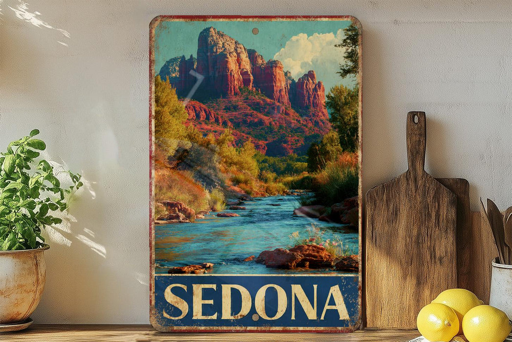 A vintage-style metal sign displaying a scenic image of Sedona, Arizona, with a river and mountains in the background.