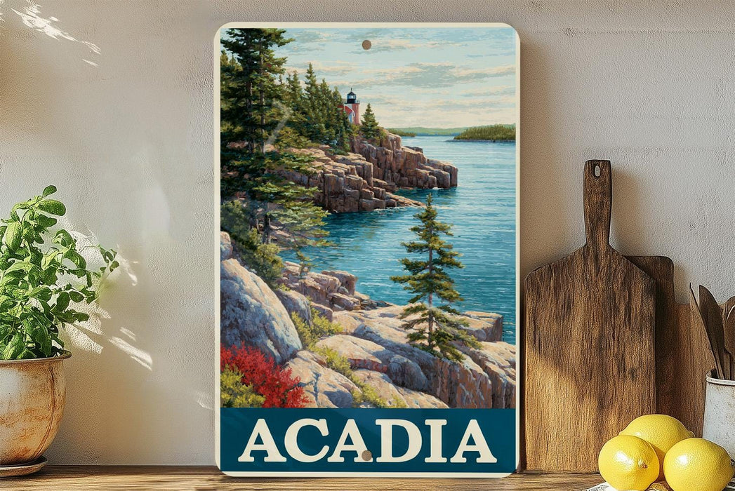 A framed painting of a scenic coastal landscape with a lighthouse, featuring a rocky shoreline, trees, and a body of water.