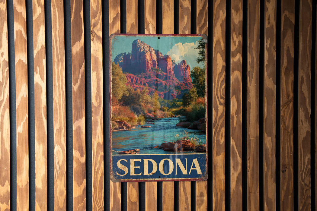 A vintage metal sign with a scenic image of Sedona, a famous rock formation in Arizona, hanging on a wooden wall.