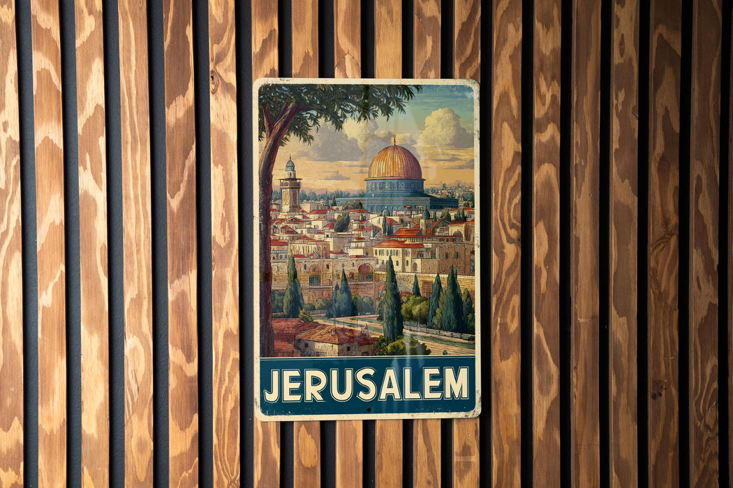 A vintage-style poster of Jerusalem, featuring the iconic Dome of the Rock, is displayed on a wooden wall.