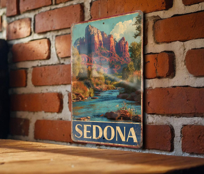 A vintage metal sign displaying a scenic image of Sedona, Arizona, with the word "SEDONA" prominently featured.