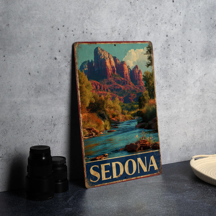 A vintage metal sign featuring a scenic image of Sedona, Arizona, with a river and mountains in the background.