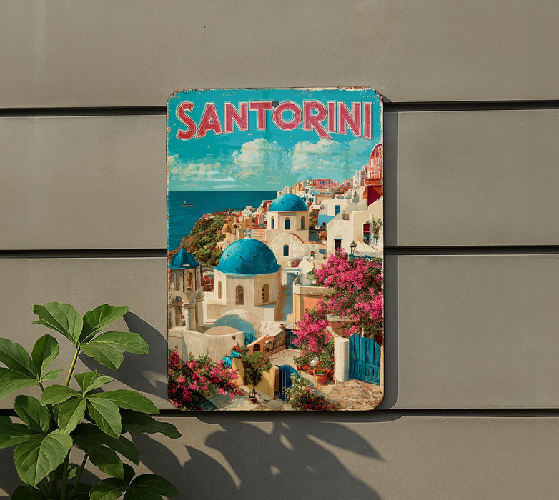 A vintage-style poster of Santorini, Greece, featuring colorful buildings, blue domes, and a scenic view of the Mediterranean Sea.
