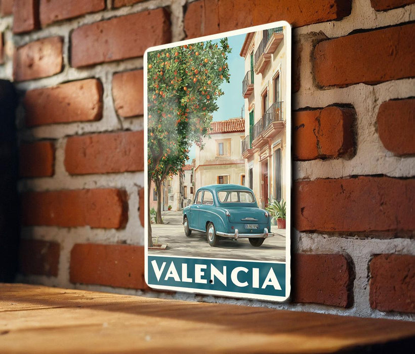A vintage-style poster of a car parked on a street in a city, with a tree and buildings in the background, mounted on a brick wall.