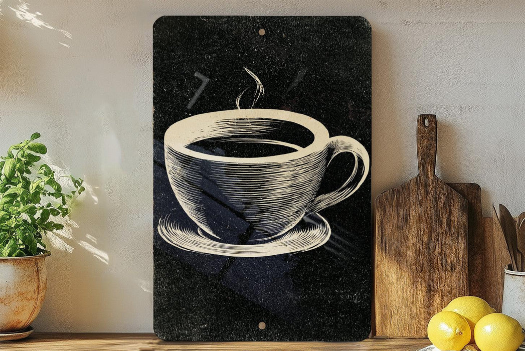 a black and white illustration of a cup of coffee on a wooden surface, accompanied by a potted plant, a cutting board, and some lemons.