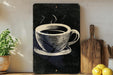 a black and white illustration of a cup of coffee on a wooden surface, accompanied by a potted plant, a cutting board, and some lemons.