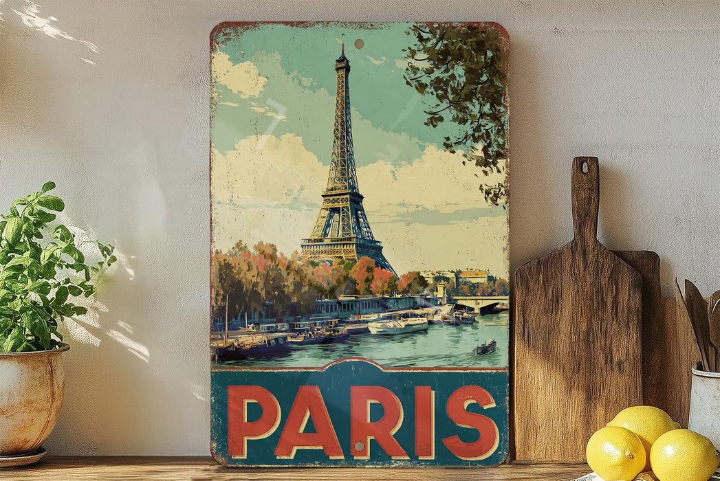 A vintage-style metal sign featuring the Eiffel Tower in Paris, with a potted plant to the left and a wooden cutting board to the right.
