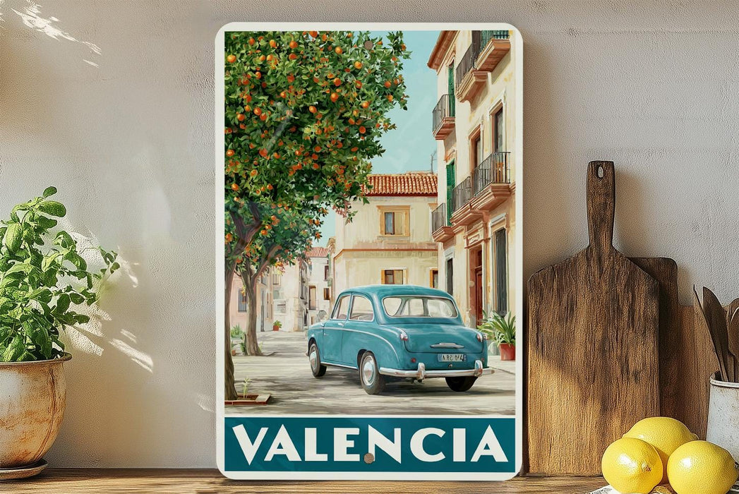 A vintage blue car is parked on a street in a picturesque town, surrounded by lush green trees and colorful buildings.