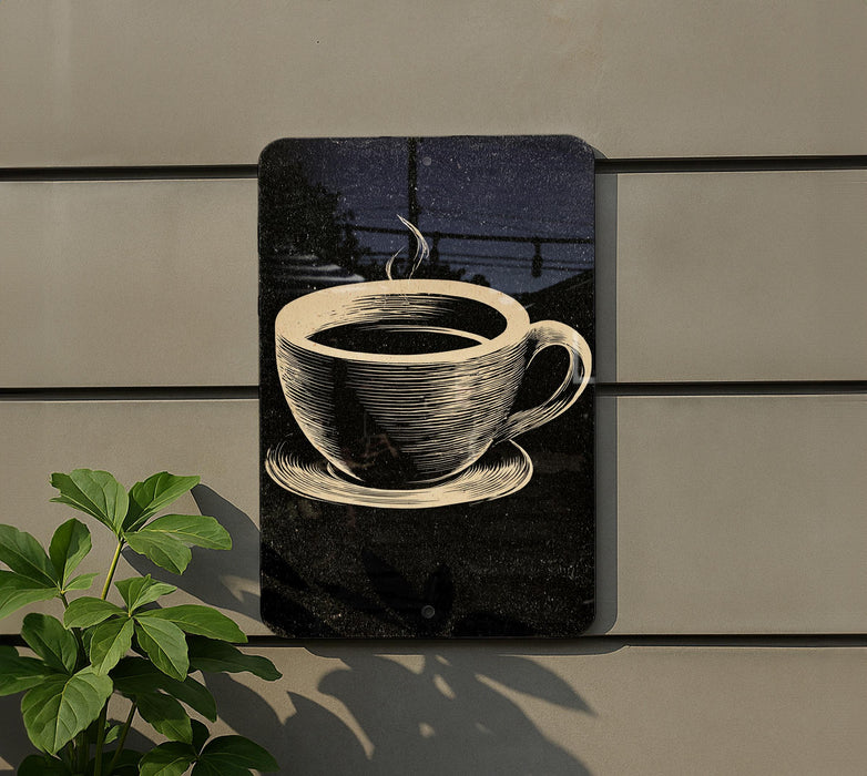 A black and white illustration of a coffee cup is displayed on a wall, with a plant visible to the left.