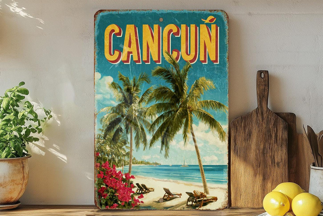 a vintage-style sign for Cancun, with a tropical beach scene and palm trees, placed on a shelf next to a cutting board and some potted plants.