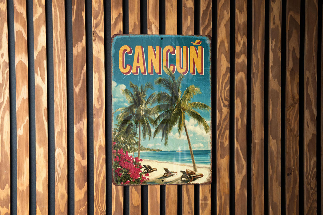 A vintage-style metal sign with the word "CANCUN" prominently displayed, featuring palm trees and a beach scene.