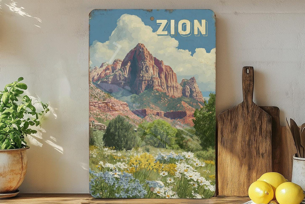A vintage-style poster of a mountainous landscape with a large mountain in the background, surrounded by a colorful field of flowers and greenery.