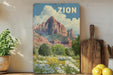 A vintage-style poster of a mountainous landscape with a large mountain in the background, surrounded by a colorful field of flowers and greenery.