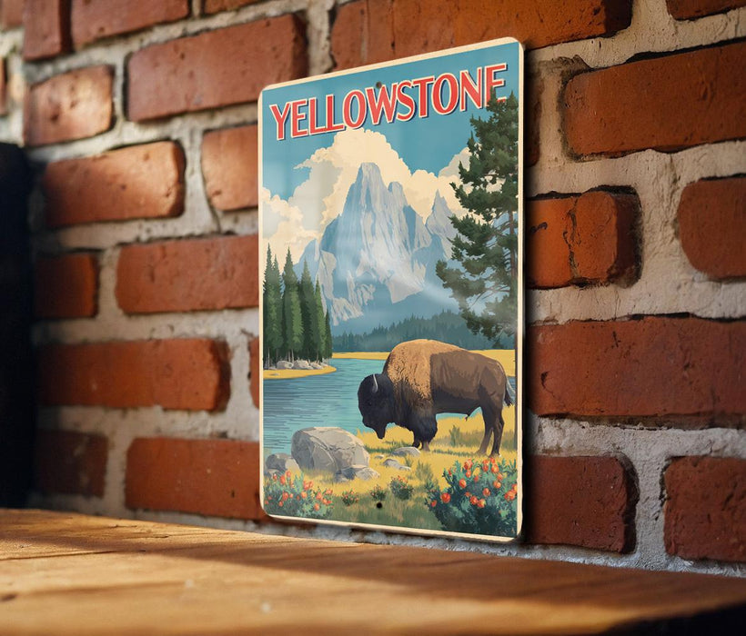 A vintage-style poster of Yellowstone National Park, featuring a bison in a grassy field with mountains in the background.