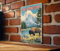 A vintage-style poster of Yellowstone National Park, featuring a bison in a grassy field with mountains in the background.