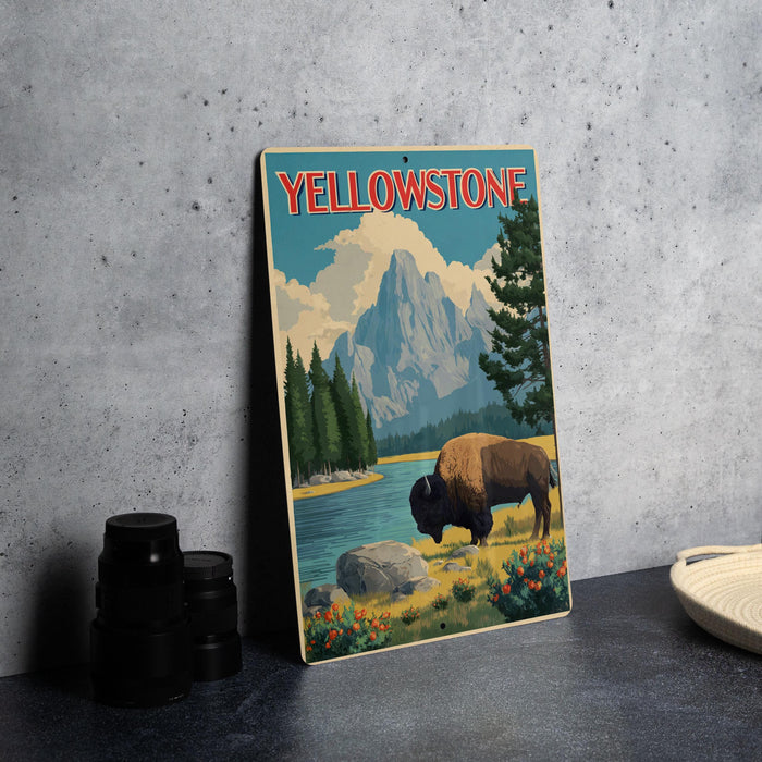 A vintage-style poster of Yellowstone National Park, featuring a bison grazing in the foreground with a mountain range and lake in the background.