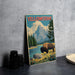 A vintage-style poster of Yellowstone National Park, featuring a bison grazing in the foreground with a mountain range and lake in the background.