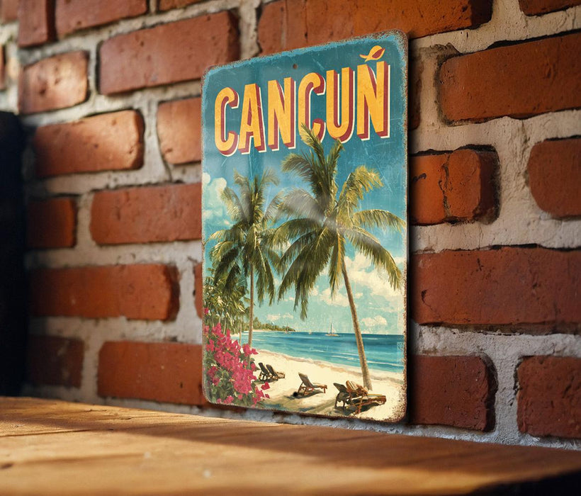 A vintage-style sign with the word "CANCUN" prominently displayed, featuring palm trees and a beach scene.