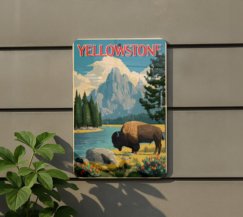 A vintage-style sign depicting a buffalo in a scenic landscape with mountains, trees, and a lake, mounted on a wall.