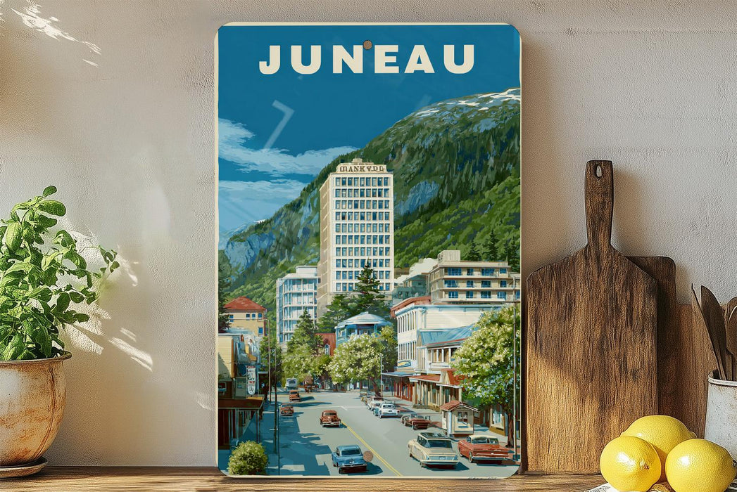 A vintage-style poster of Juneau, the capital city of the state of Washington, Washington, United States, featuring a cityscape with buildings, cars, and a mountain backdrop.