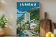 A vintage-style poster of Juneau, the capital city of the state of Washington, Washington, United States, featuring a cityscape with buildings, cars, and a mountain backdrop.