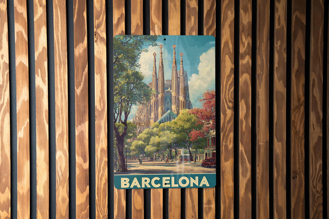 A vintage-style metal sign displaying the image of the Sagrada Familia, a famous Roman Catholic church in Barcelona, Spain.