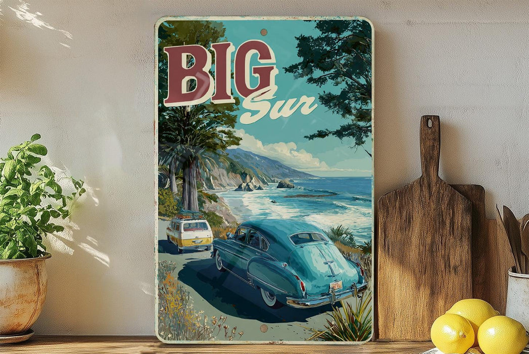 A vintage-style metal sign with a colorful illustration of a car driving on a road near a beach, with palm trees and mountains in the background.