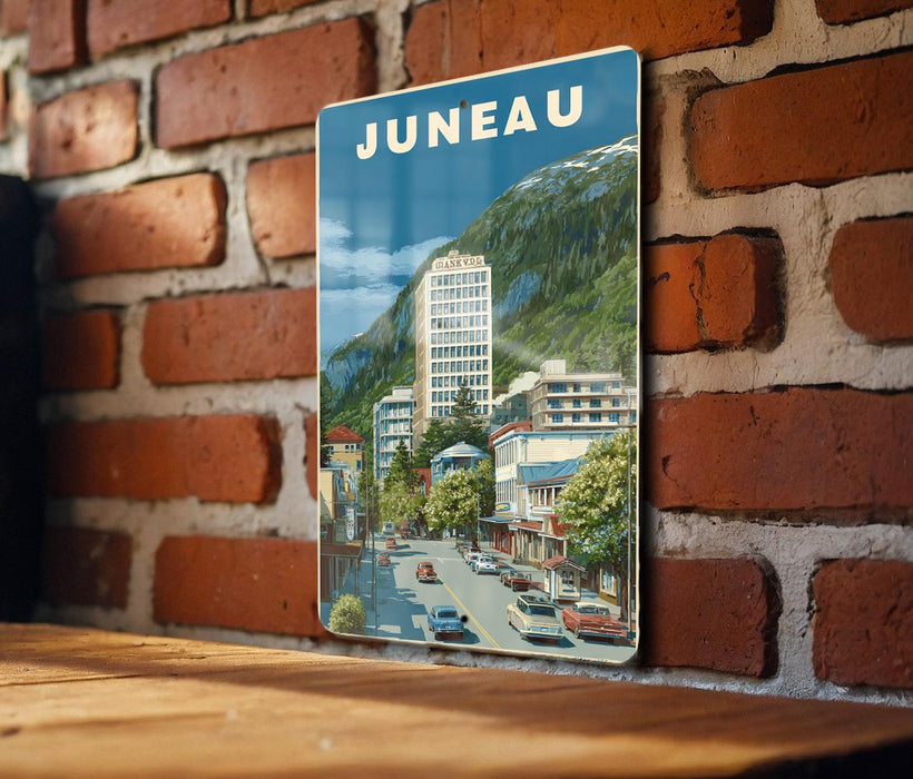 A vintage-style poster of Juneau, the capital city of Alaska, is displayed on a brick wall.