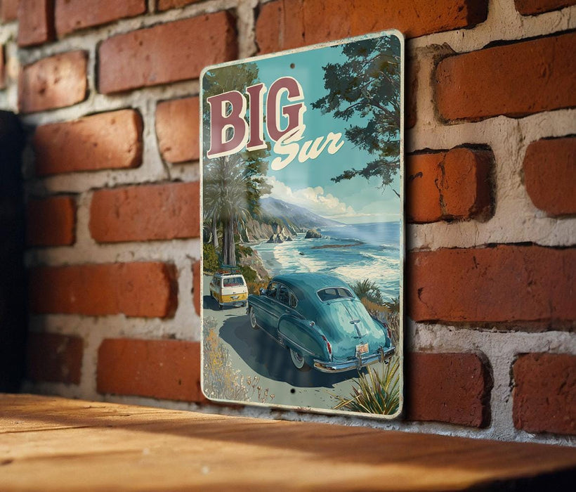 A vintage-style metal sign with a scenic road and a car, mounted on a brick wall.