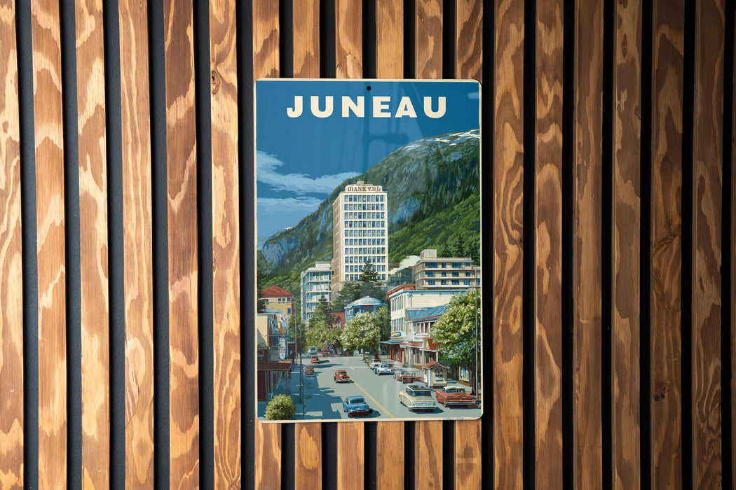 A vintage-style poster of Juneau, the capital city of the state of Montana, Canada, featuring a mountain backdrop and a street scene with cars.