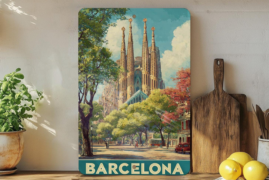 A framed poster of the Sagrada Familia, a famous Roman Catholic church in Barcelona, Spain, is displayed on a wall.
