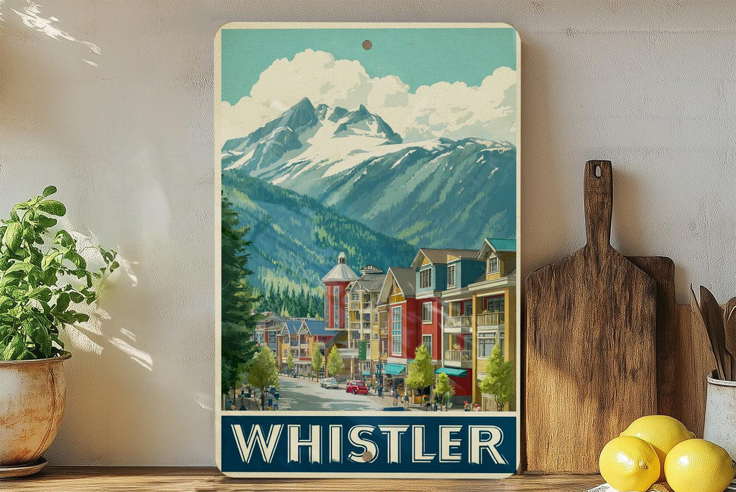 A vintage-style poster of Whistler, British Columbia, Canada, featuring a mountain landscape with colorful buildings and a bustling street scene.