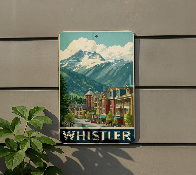 A vintage-style sign depicting a mountain town with colorful buildings and a prominent mountain in the background.