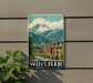 A vintage-style sign depicting a mountain town with colorful buildings and a prominent mountain in the background.