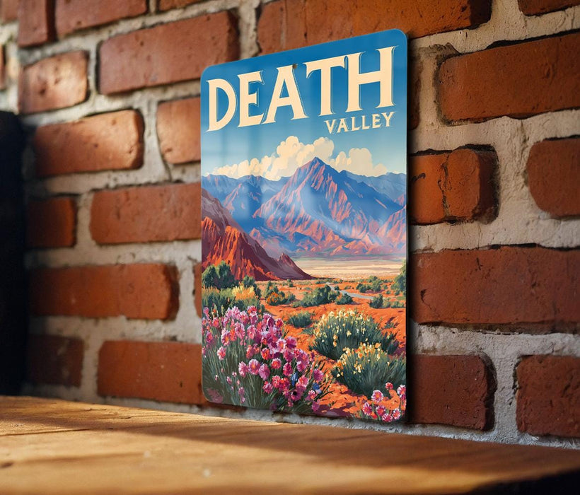 A vintage-style metal sign with the text "DEATH VALLEY" displayed prominently, featuring a scenic landscape of mountains, flowers, and a desert valley.