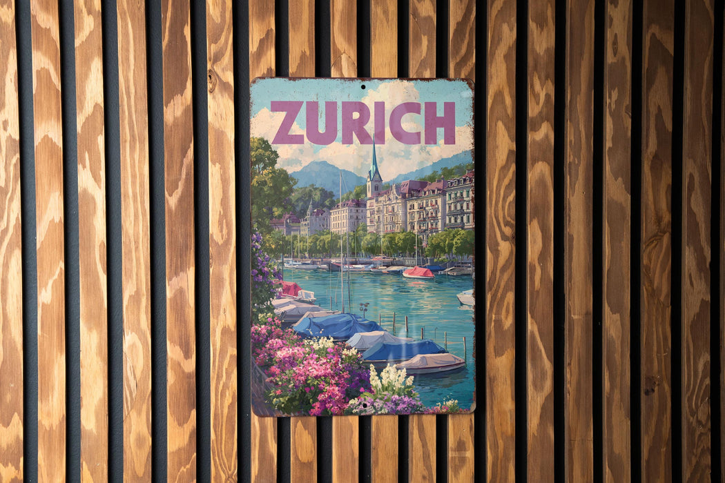 A vintage-style metal sign with the word "ZURICH" prominently displayed, featuring a scenic image of a cityscape with boats on a river.