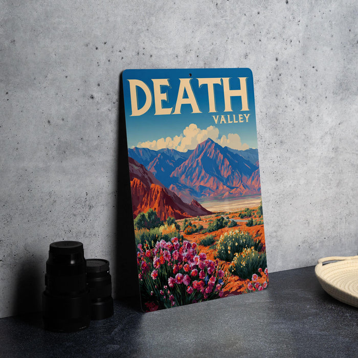 A vintage-style poster of Death Valley, a famous desert region in California, with mountains, flowers, and a blue sky in the background.