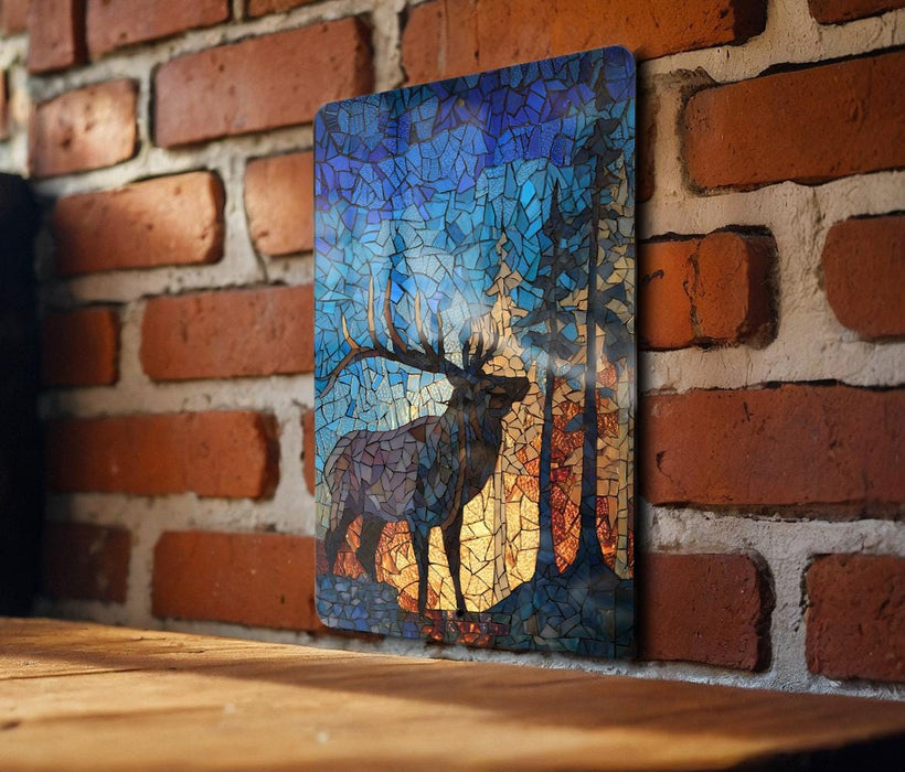 a wooden table with a framed painting of a deer with antlers hanging on the wall behind it.