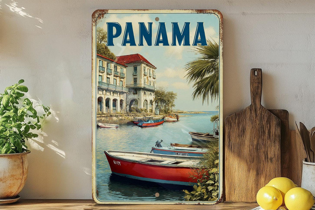 A vintage-style metal sign with a painting of boats on a river, surrounded by palm trees and buildings, is displayed on a shelf next to a wooden cutting board and some potted plants.
