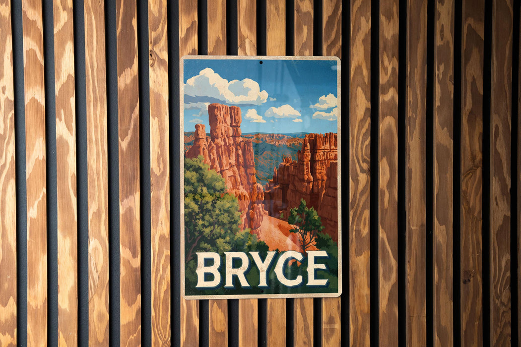 A vintage-style poster of Bryce Canyon National Park, featuring the iconic red rock formations and a blue sky with clouds.