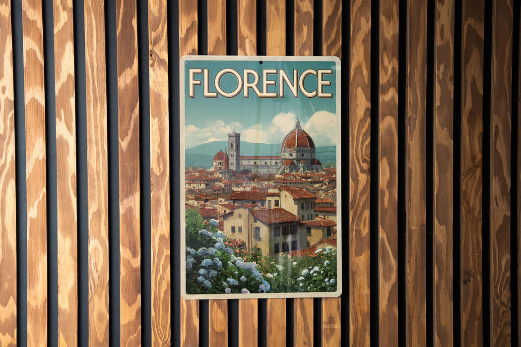 A vintage-style poster of Florence, Italy, featuring the iconic dome of the Florence Cathedral and the city's historic architecture, is displayed on a wooden wall.