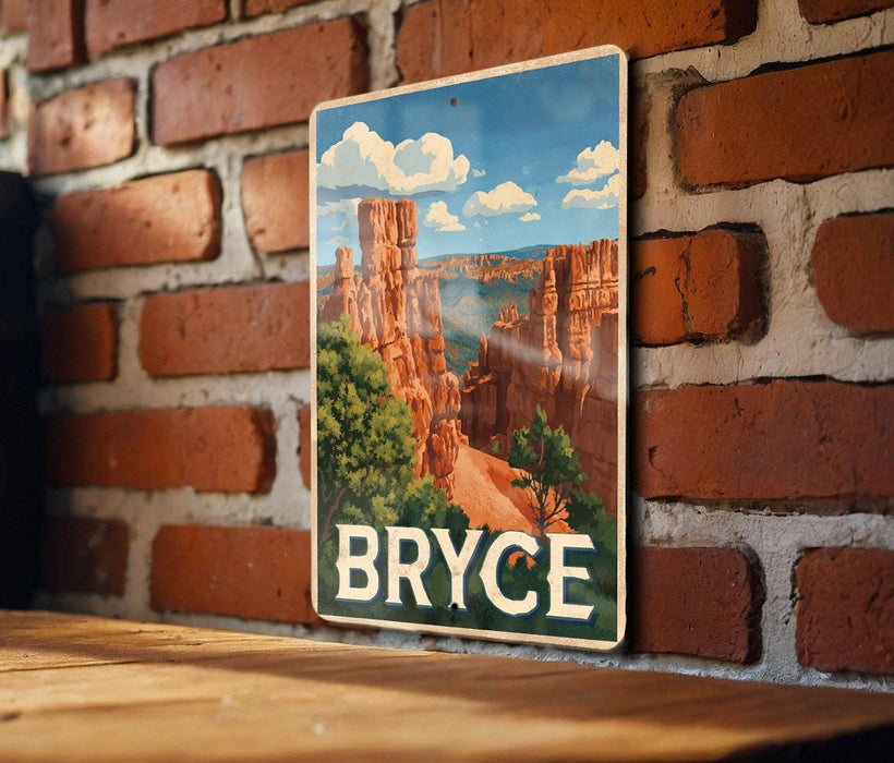 A vintage-style metal sign with a scenic image of Bryce Canyon National Park, featuring towering red rock formations and a blue sky with clouds.