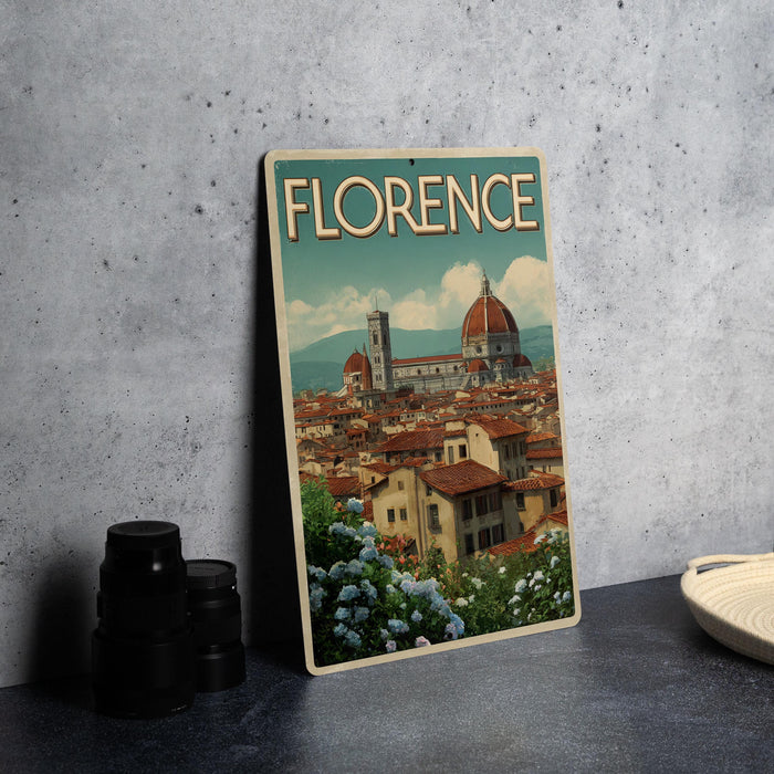 A framed vintage poster of Florence, Italy, featuring the iconic dome of the Florence Cathedral and the surrounding cityscape.