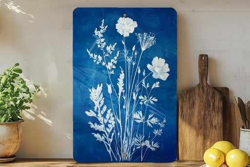 a blue floral print on a wooden surface, with a wooden cutting board and a potted plant to the left.