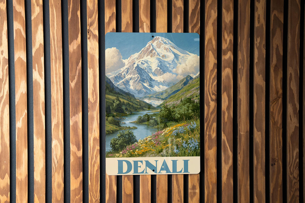 A vintage-style poster of a mountain landscape with a river and flowers is displayed on a wooden wall.