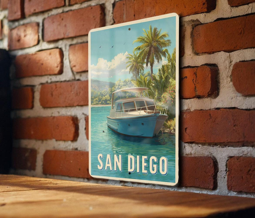 A vintage-style sign featuring a boat on a tropical beach, with palm trees and a blue sky in the background, mounted on a brick wall.