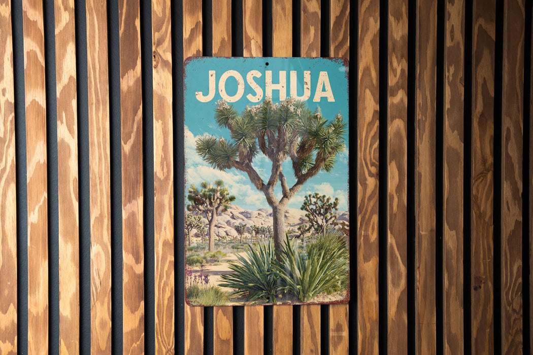 A vintage-style metal sign with the word "JOSUA" prominently displayed, featuring a desert landscape with a palm tree and other desert plants.